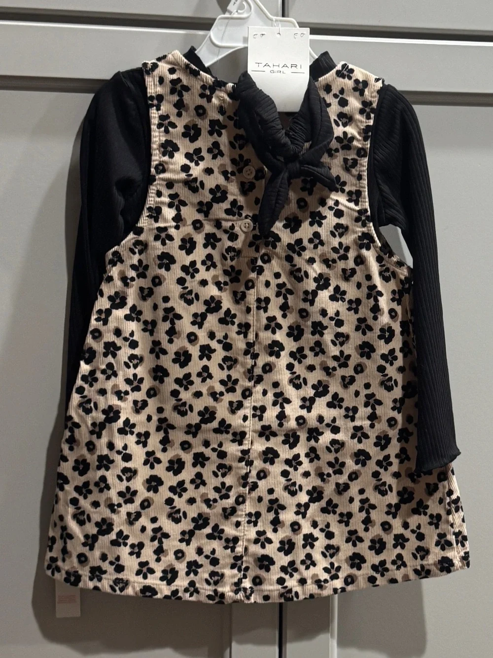 Tahari Cream Floral Pinafore Dress with Black Top